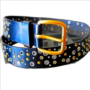 Y2K Genuine Bonded Black Leather Silver Brass Studded Embellished Belt New